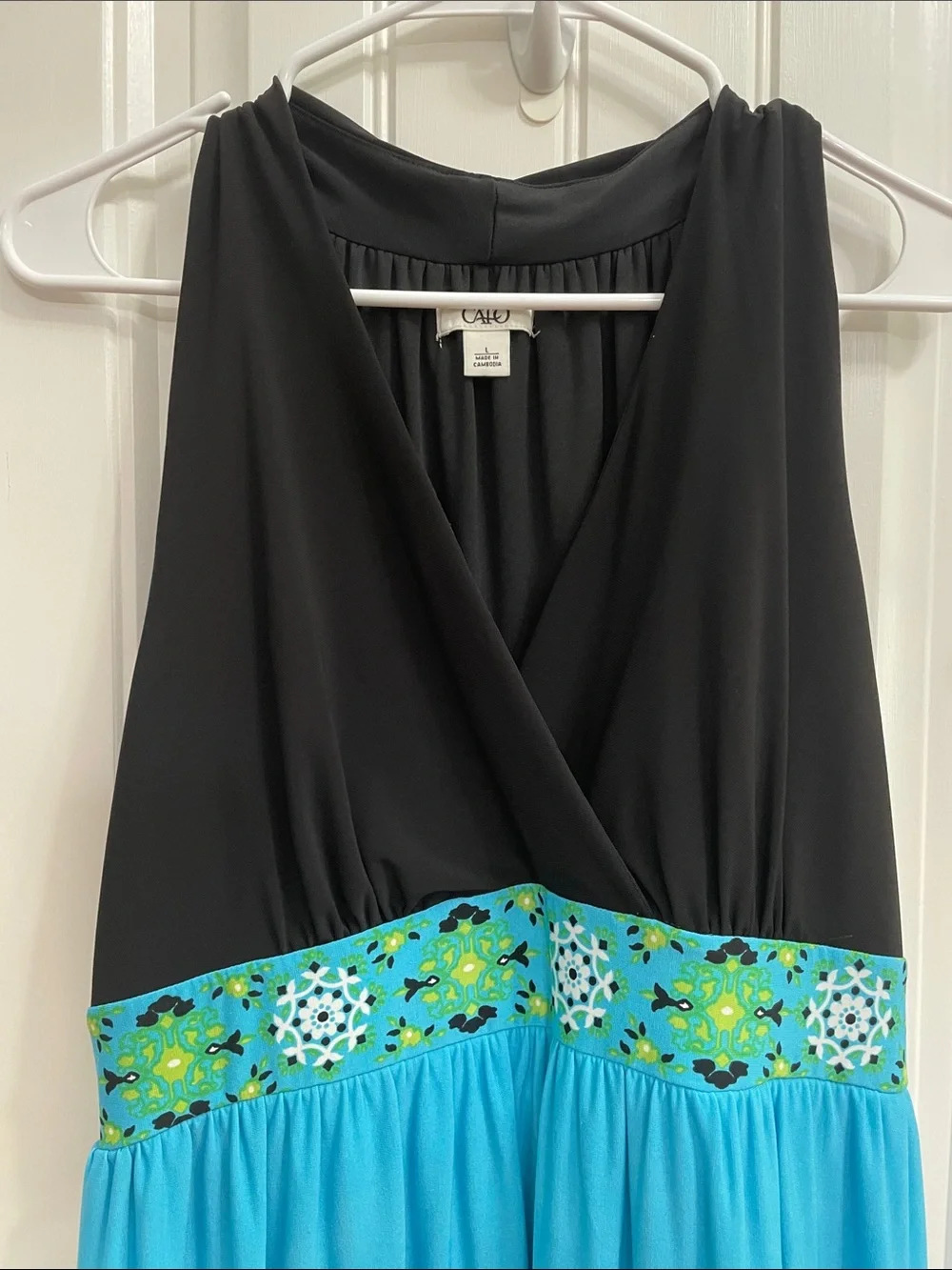 CATO Black and Turquoise Floral Print Empire Waist Maxi Dress Size L